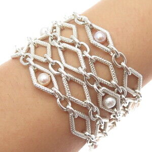 CHARLES KRYPELL 14K White Gold Sterling Silver Vintage Real Pearl Bracelet 6.5"